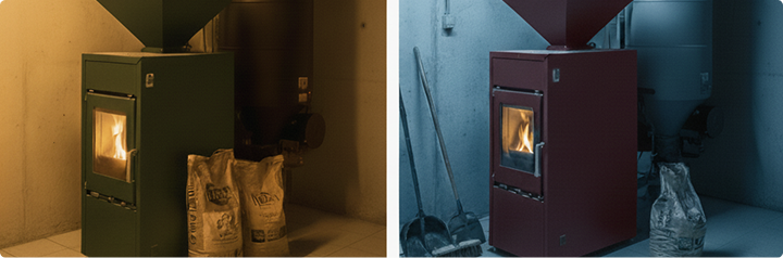 Pellets Heizung im Keller - gleiches Bild mit verschiedenen Farbwerten nebeneinander
