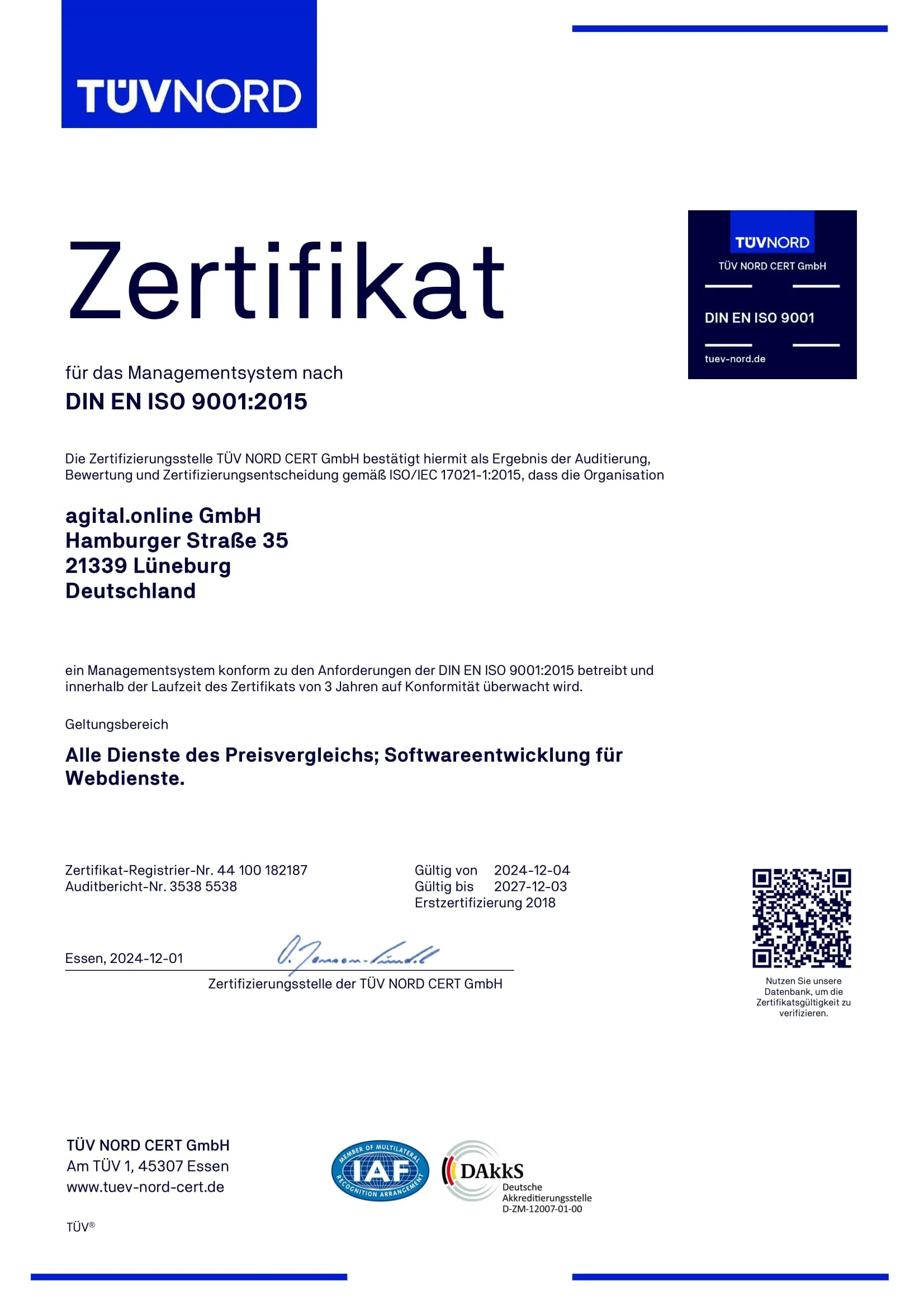 Tüv Nord Zertifikat für das Managementsystem nach DIN EN ISO 9001:2025