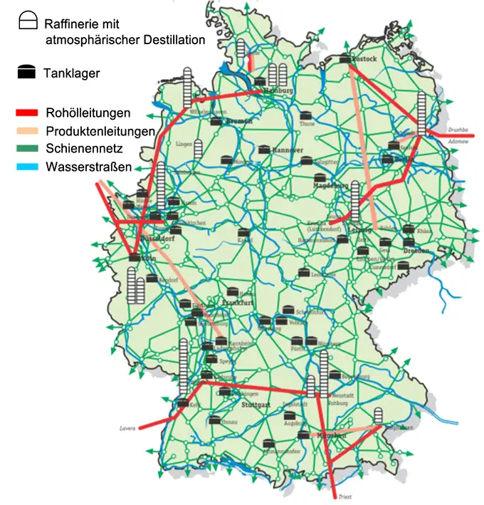 Karte der Öltransportwege in Deutschland mit Pipeline-, Schiffs- und Bahnrouten